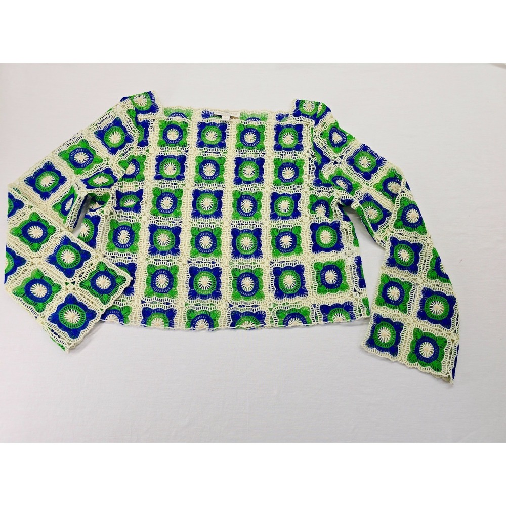Chelsea & Violet Bonnie Granny Square Crochet Top Blue Green Long Sleeve Sz L - Picture 7 of 7